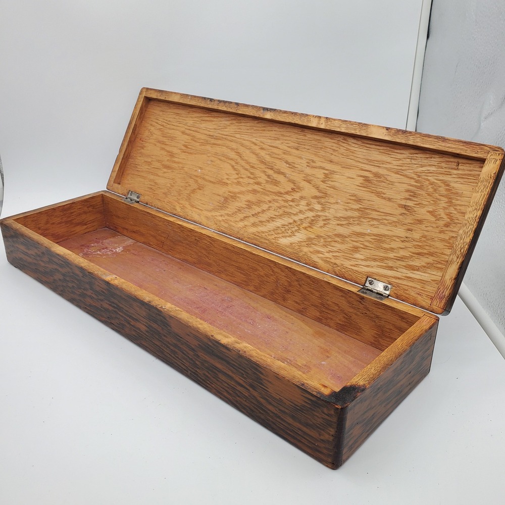 Vintage Handmade Wooden Storage Box Tiger Oak Grain Long Rectangular Felt Bottom